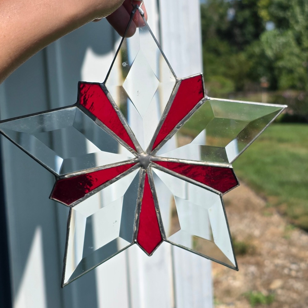 Vtg Stained Glass Star Suncatcher Beveled Clear Red Christmas Ornament 7.5in